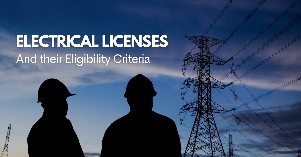 Image of two people sitting beside high voltage wires with the text - Electrical licenses and their eligibility criteria