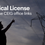 Image showing a man and a high tension electric tower with the text Electrical License and State wise CEIG office links