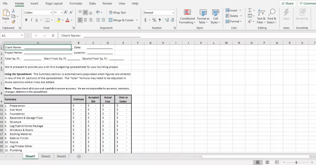image of preliminary estimate. image is showing an excel sheet with different construction processes.