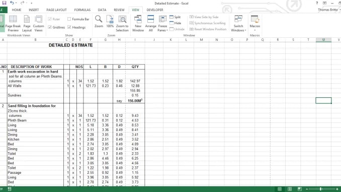 Image of detailed estimate. Image showing an excel sheet with work description and their numerical values.