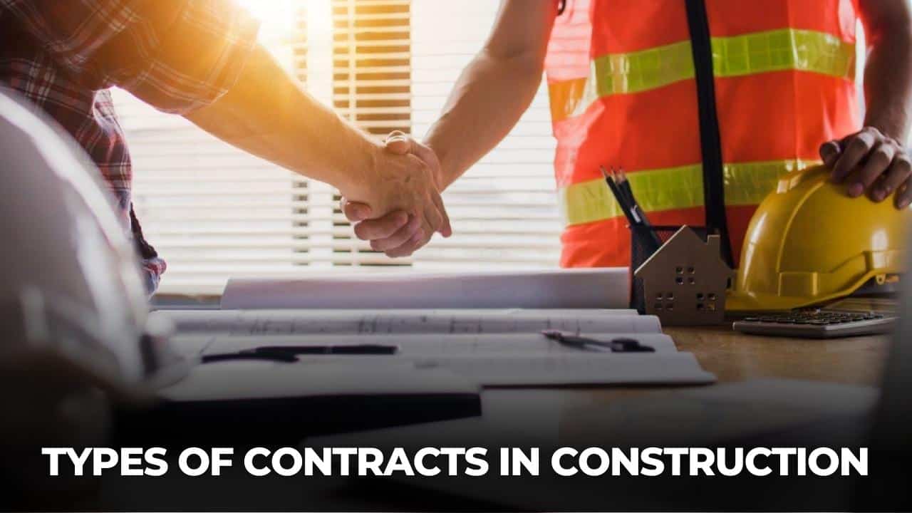 picture of two construction workers shaking hands with the text - types of contracts in construction