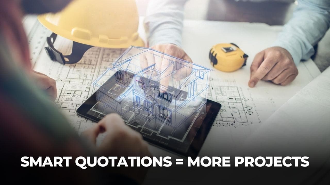 Image showing a construction plan with a tablet and the text heading of the image is - Smart Quotations = More Projects