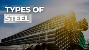 Picture showing a pile of steel with the text - Types of steel