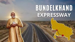 Image of pm modi and bundelkhand expressway routemap with the heading - Bundelkhand Expressway