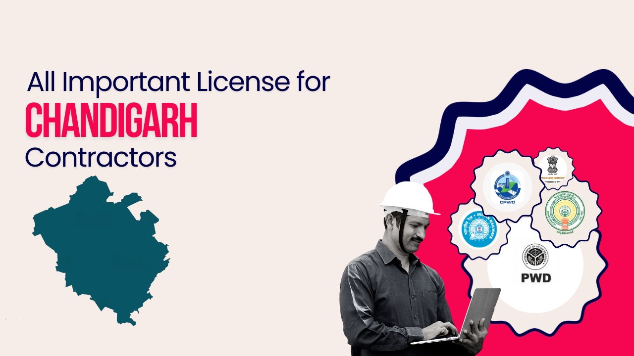 Picture of a construction worker and logo of official departments of Chandigarh government. Picture has the following text - All important license for Chandigarh contractors