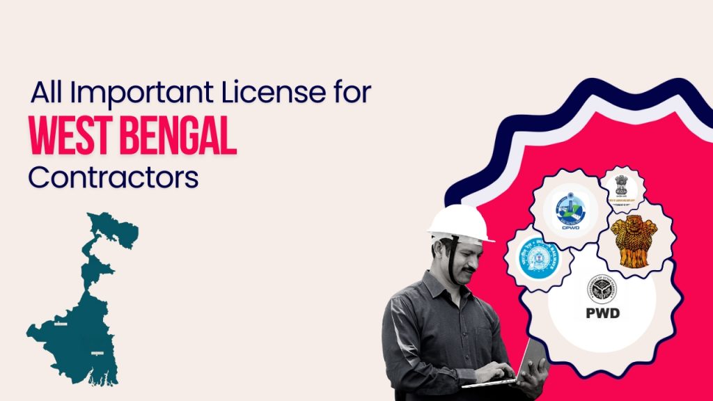 Picture of a construction worker and logo of official departments of West Bengal government. Picture has the following text - All important license for West Bengal contractors