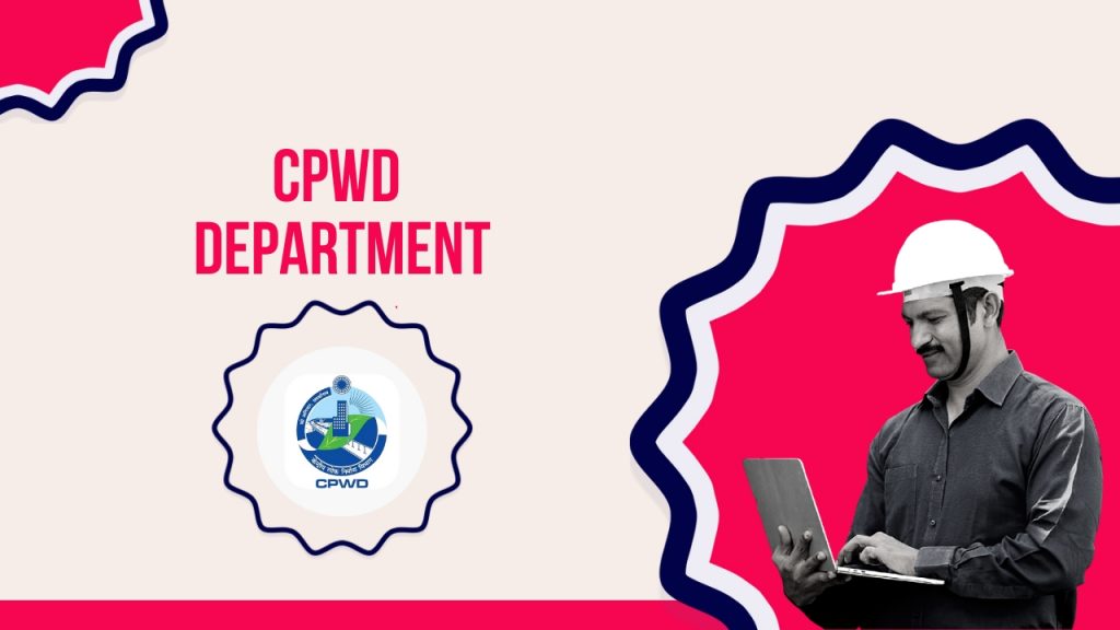 Picture showing a construction worker working on a laptop and the Railway department logo. The picture has the following text - CPWD Department