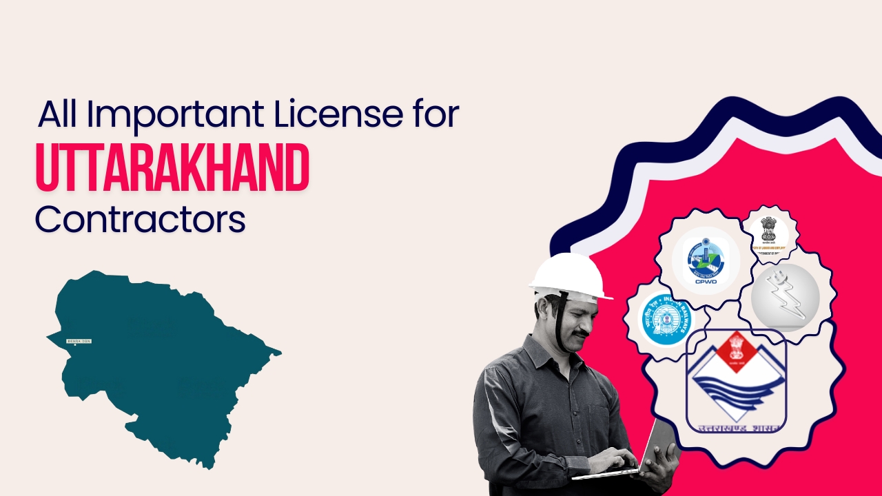 Picture of a construction worker and logo of official departments of Uttarakhand government. Picture has the following text - All important license for Uttarakhand contractors