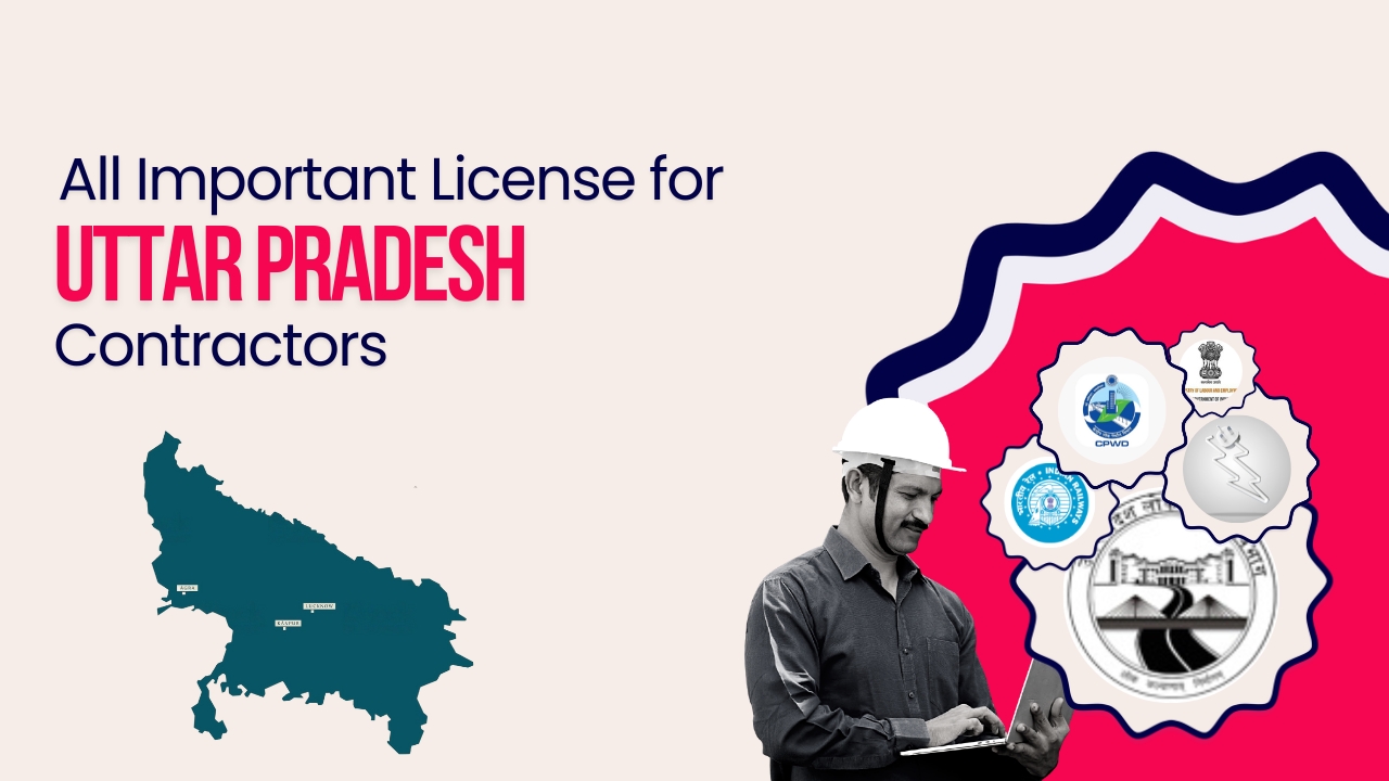 Picture of a construction worker and logo of official departments of Uttar Pradesh government. Picture has the following text - All important license for Uttar Pradesh contractors
