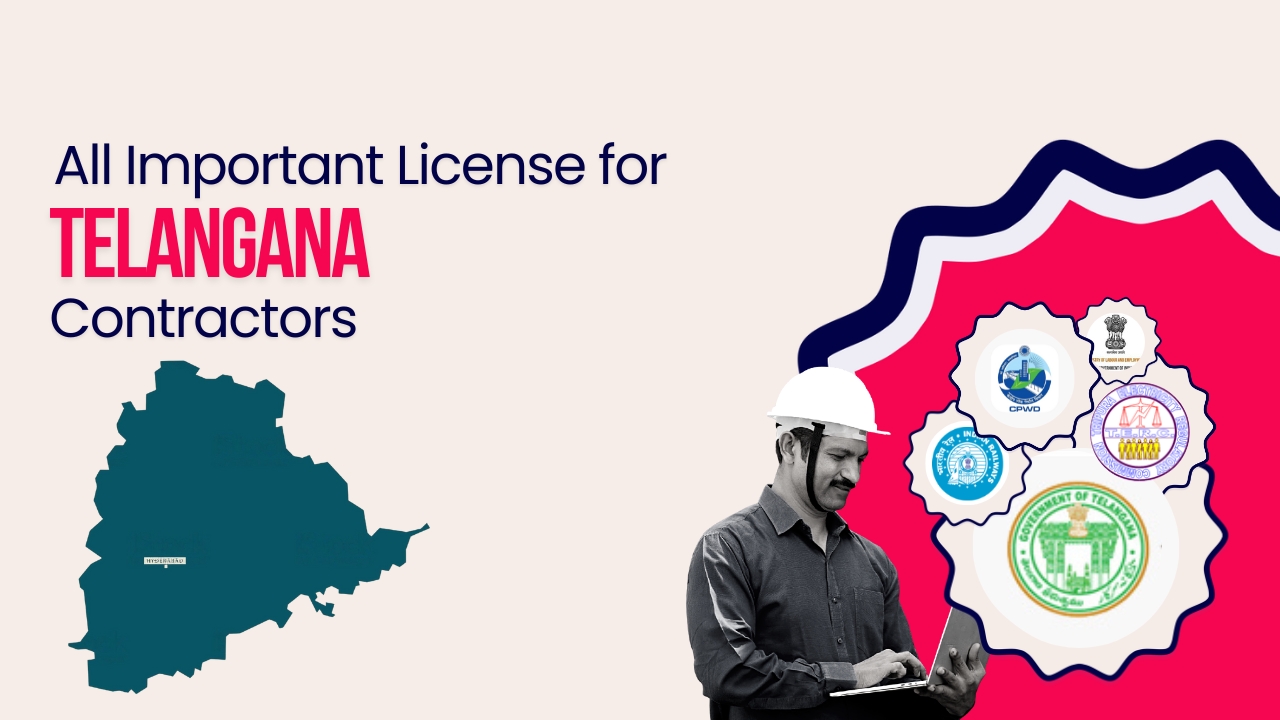Picture of a construction worker and logo of official departments of Telangana government. Picture has the following text - All important license for Telangana contractors