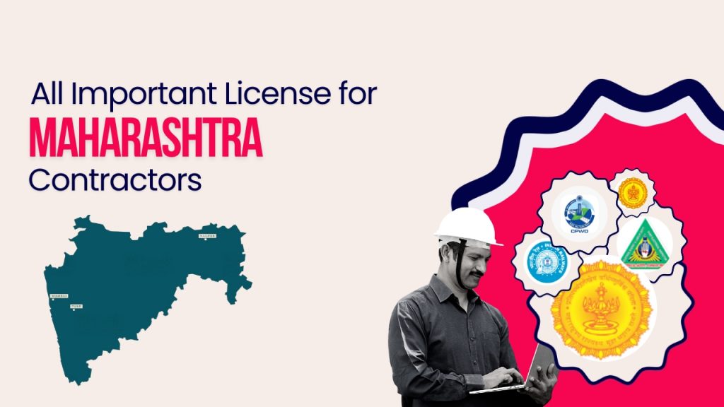 Picture of a construction worker and logo of official departments of Kerala government. Picture has the following text - All important license for Mahrashtra contractors