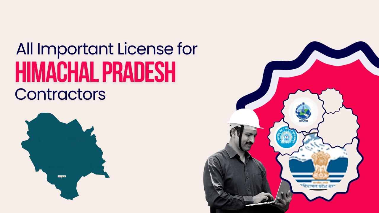 Picture of a construction worker and logo of official departments of Himachal pradesh government. Picture has the following text - All important license for Himachal pradesh contractors