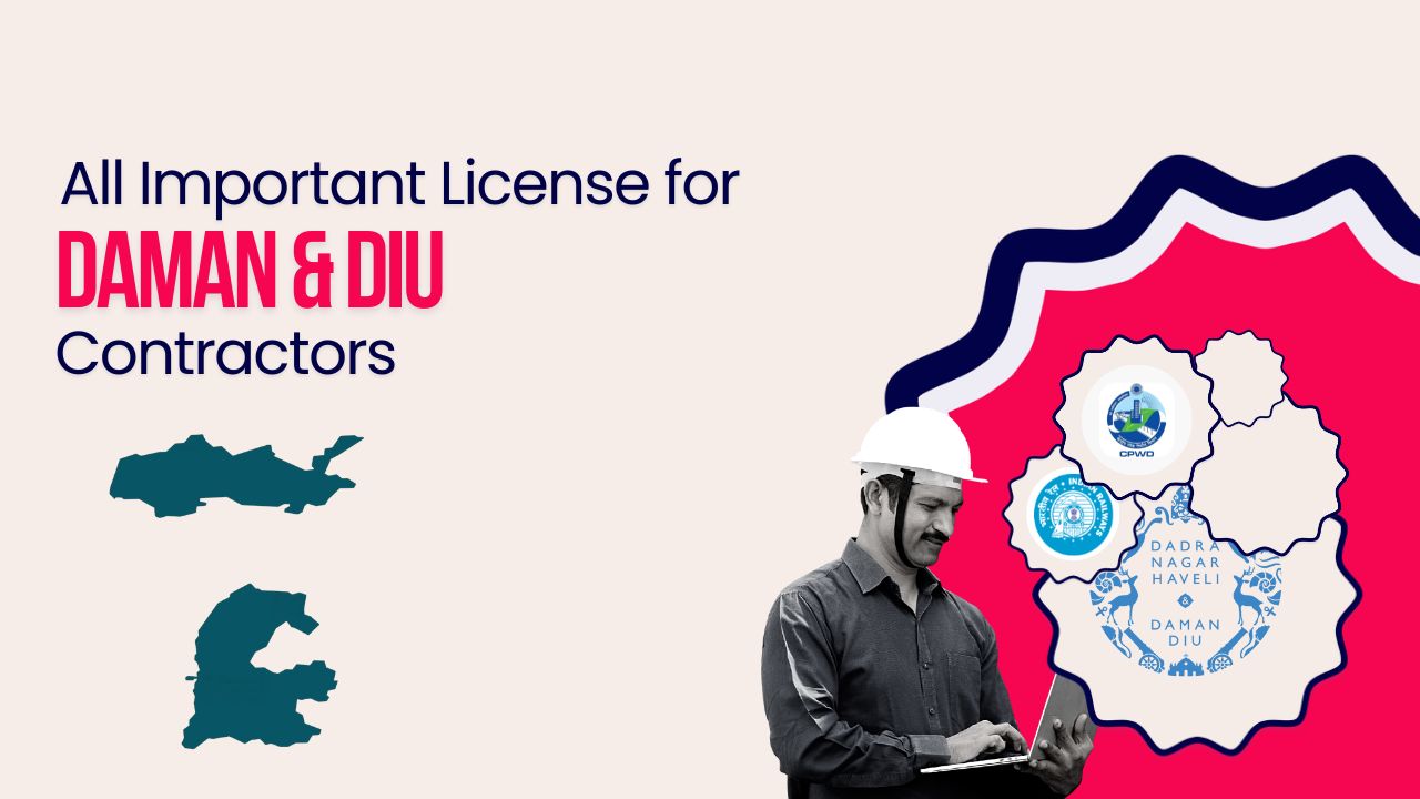 Picture of a construction worker and logo of official departments of Daman and Diu government. Picture has the following text - All important license for Daman and Diu contractors {{brizy_dc_image_alt entityId=