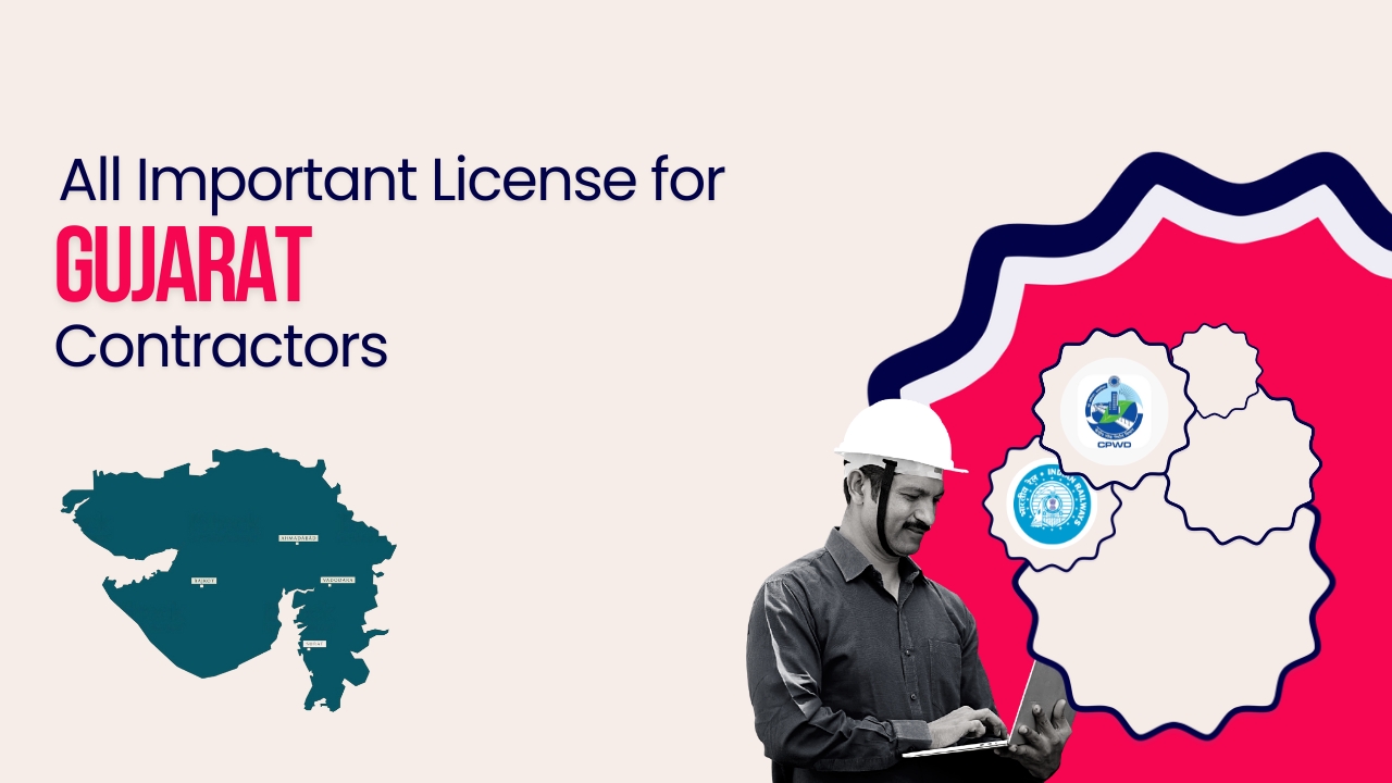 Picture of a construction worker and logo of official departments of Gujarat government. Picture has the following text - All important license for Gujarat contractors