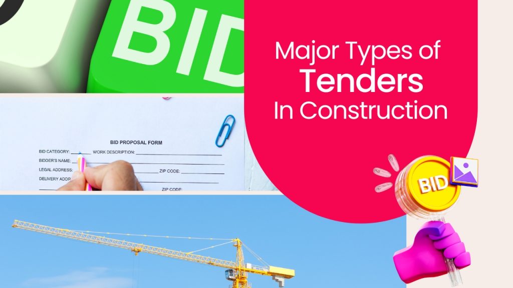Picture showing different types of construction bidding documents pictures. Picture has the following text - Major types of tenders in construction