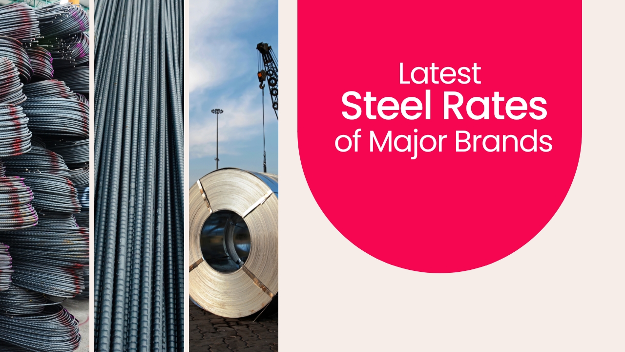 Picture showing steel bars. Pocture has the following text - Latest Steel Rates of Major Brands