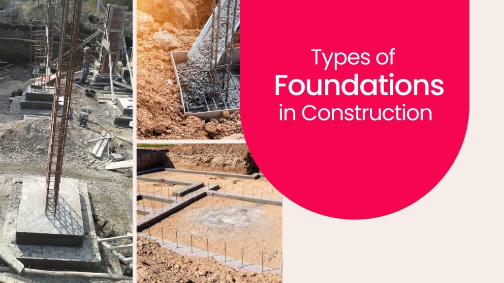 Picture showing different foundations used in the construction industry. Picture has the following text - Types of Foundations in Construction
