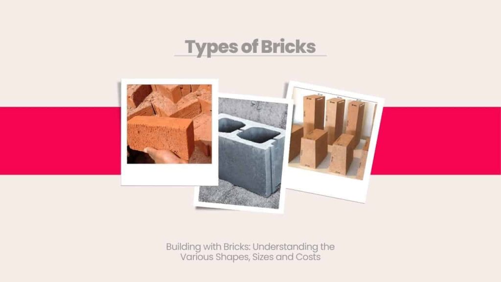 Image showing different types of bricks used in construction. Picture has the following heading text - Types of bricks
