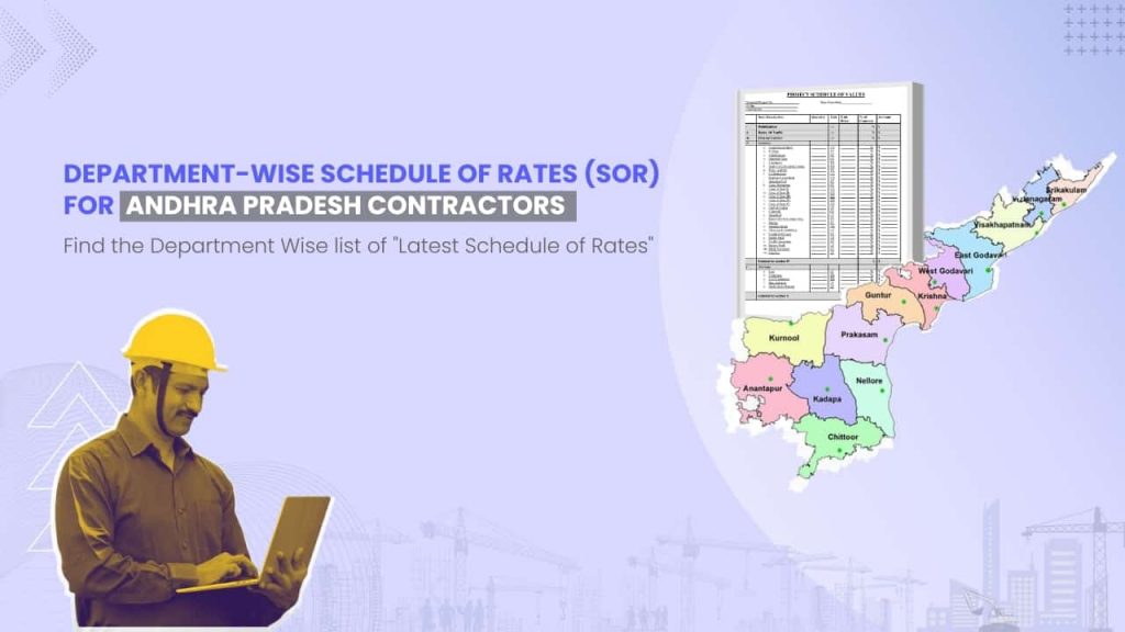 Image showing picture of Andhra Pradesh map and schedule of rates document. Image has the following heading text - Department Wise Schedule of Rates (SOR) for Andhra Pradesh Contractors
