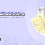Image showing picture of Chandigarh map and schedule of rates document. Image has the following heading text - Department Wise Schedule of Rates (SOR) for Chandigarh Contractors
