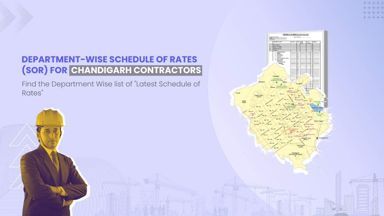 Image showing picture of Chandigarh map and schedule of rates document. Image has the following heading text - Department Wise Schedule of Rates (SOR) for Chandigarh Contractors