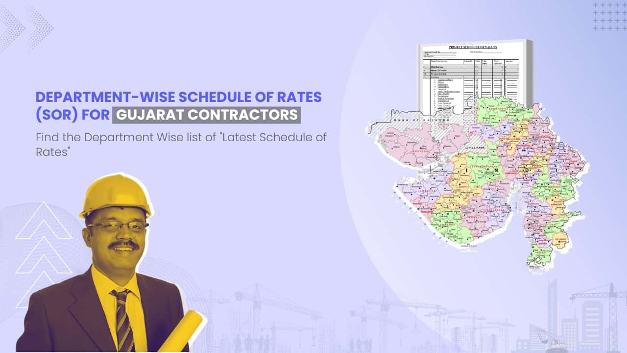 Image showing picture of Gujarat map and schedule of rates document. Image has the following heading text - Department Wise Schedule of Rates (SOR) for Gujarat Contractors