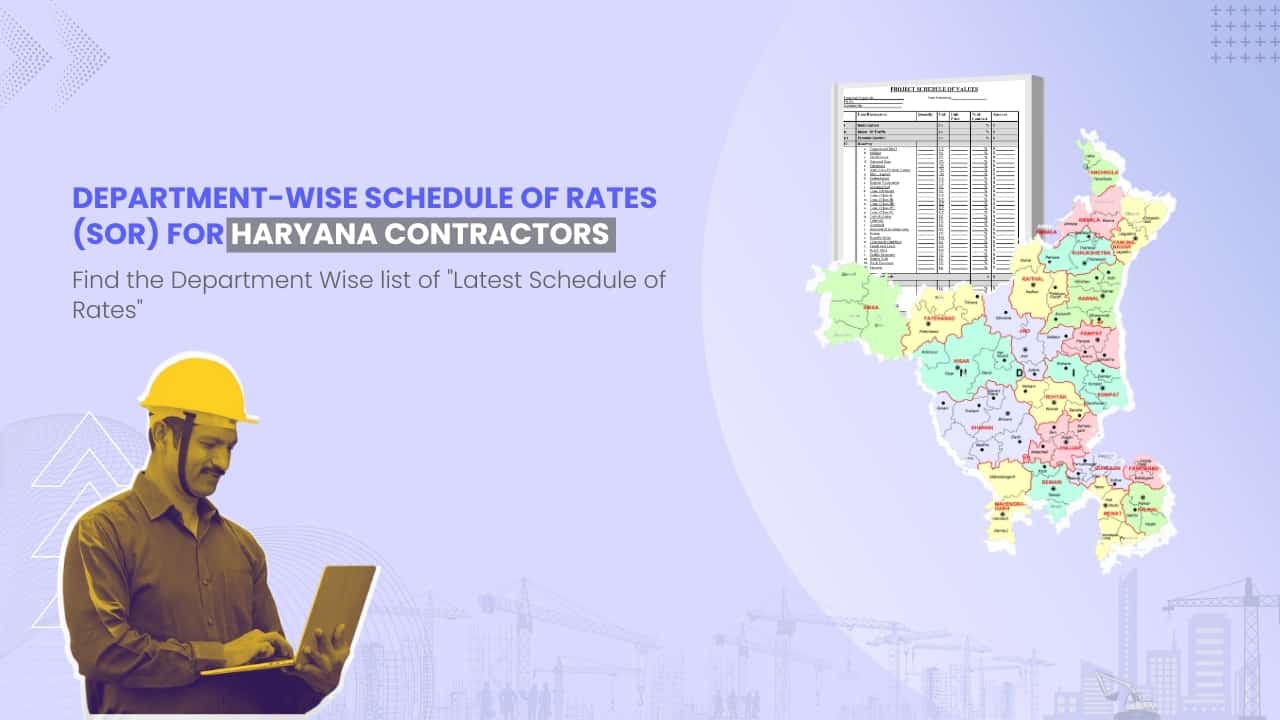 Image showing picture of Haryana map and schedule of rates document. Image has the following heading text - Department Wise Schedule of Rates (SOR) for Haryana Contractors
