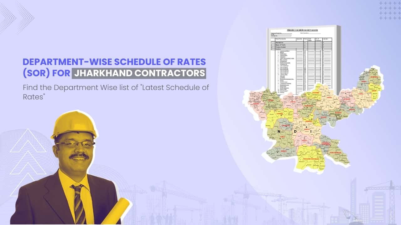 Image showing picture of Jharkhand map and schedule of rates document. Image has the following heading text - Department Wise Schedule of Rates (SOR) for Jharkhand Contractors