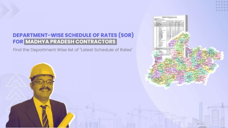 Image showing picture of Rajasthan map and schedule of rates document. Image has the following heading text - Department Wise Schedule of Rates (SOR) for Madhya Pradesh Contractors