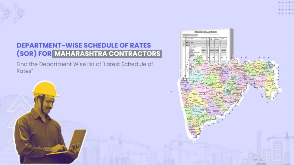 Image showing picture of Maharashtra map and schedule of rates document. Image has the following heading text - Department Wise Schedule of Rates (SOR) for Maharashtra Contractors