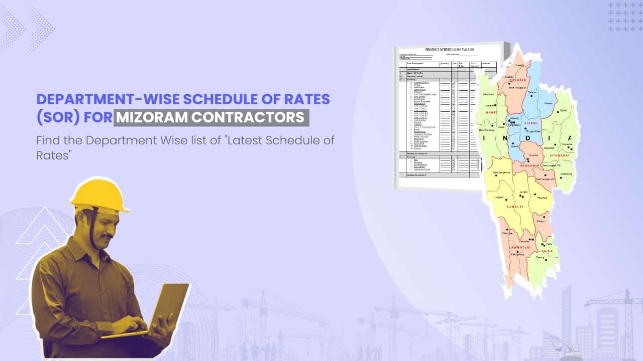 Image showing picture of Mizoram map and schedule of rates document. Image has the following heading text - Department Wise Schedule of Rates (SOR) for Mizoram Contractors