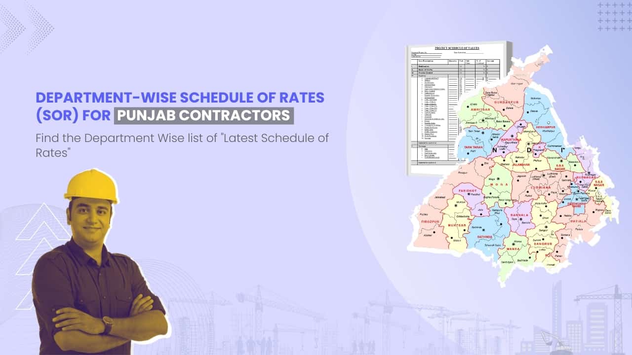 Image showing picture of Punjab map and schedule of rates document. Image has the following heading text - Department Wise Schedule of Rates (SOR) for Punjab Contractors