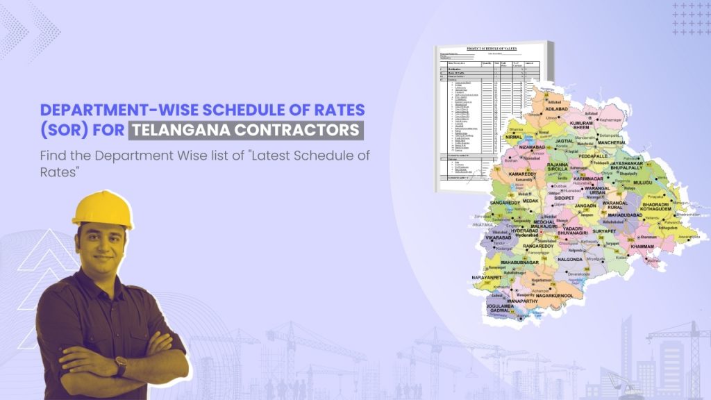Image showing picture of Telangana map and schedule of rates document. Image has the following heading text - Department Wise Schedule of Rates (SOR) for Telangana Contractors