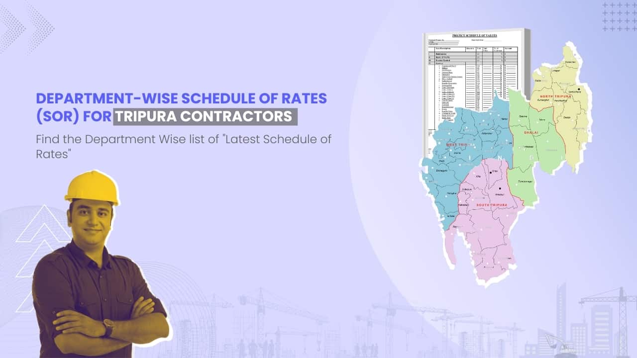 Image showing picture of Tripura map and schedule of rates document. Image has the following heading text - Department Wise Schedule of Rates (SOR) for Tripura Contractors