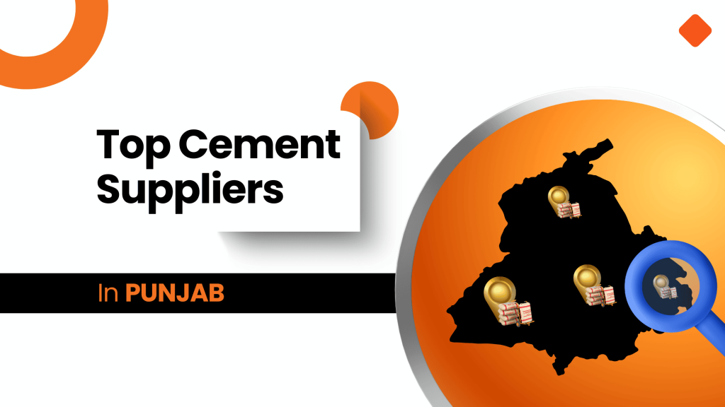 This image contains a map and a magnifier glass. This image contains the following text: Top Cement Suppliers in Punjab.