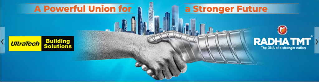 This image has two hands shaking hands. One hand is made of steel and the other is human hand. This image has the following meta text: A powerful union for a stronger future. Radha TMT.