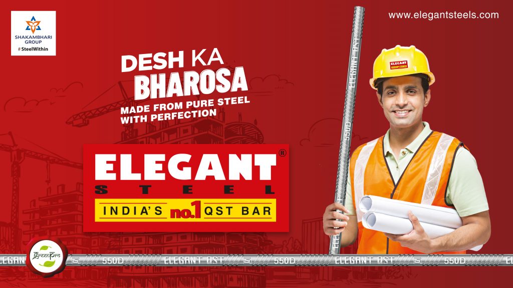 This image has a man holding steel bars. This image contains the following meta text: Desh ka Bharosa. Made from pure steel with perfection. Elegant steel. India's no. 1 QST Bar.