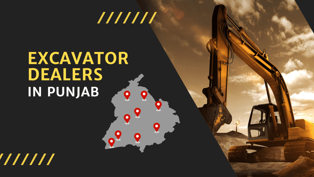 This image has an excavator and a map of Punjab. This image contains the following meta text: Excavator suppliers in Punjab