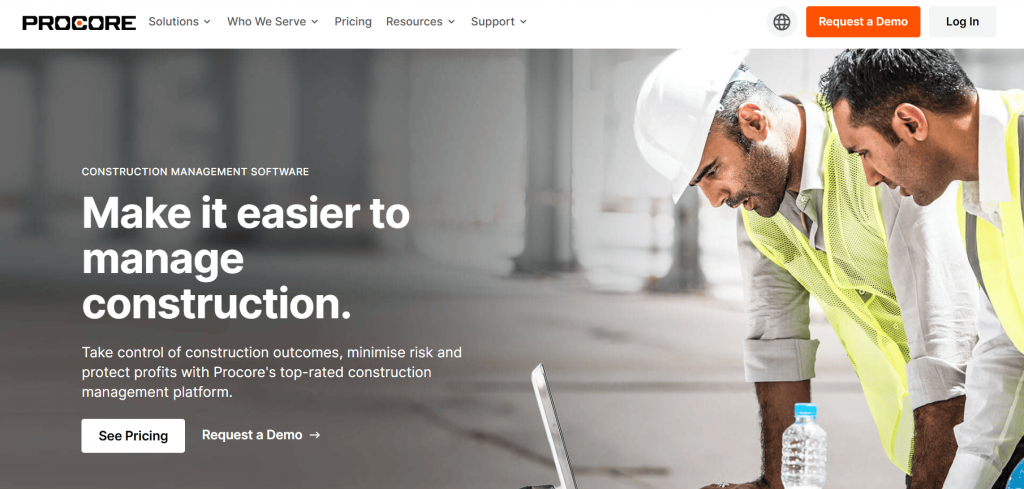 This image has the homepage of Procore. This image contains the following meta text: Make it easier to manage construction