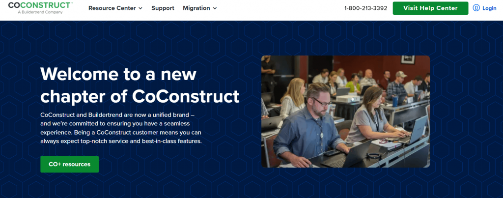 This image has the homepage of CoConstruct. This image contains the following meta text: Welcome to the new chapter of CoConstruct