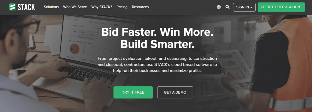 This image has the homepage of Stack. This image contains the following meta text: Bid Faster. Win More. Build Smarter.