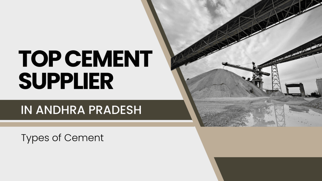 This image contains a construction site where there is a pile of cement and a crane. This image contains the following meta text: Top Cement Suppliers in Andhra Pradesh. Types of Cement.