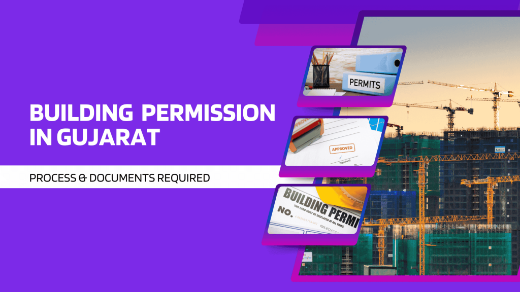 This image contains an under construction building and a copy of building permit. This image has the following meta text: Building Permission in Gujarat: Process & Documents Required