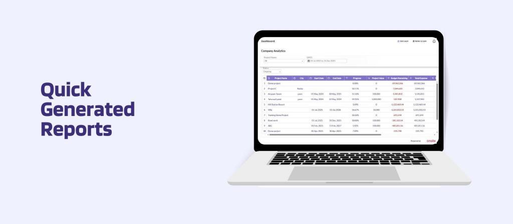 This image has a screen of Onsite construction management software. This image has the following meta text: Quick Generated Reports