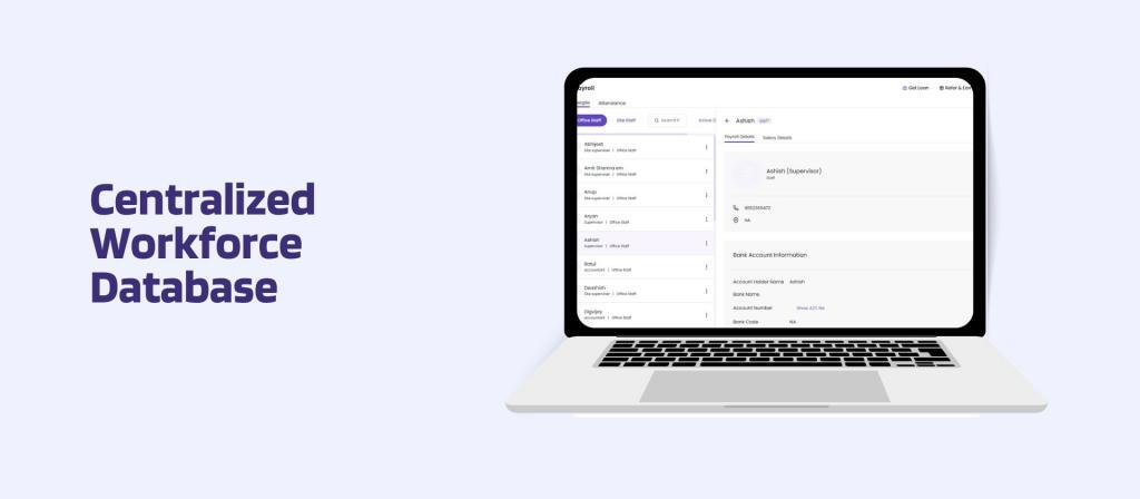 This image has a screen of Onsite construction management software. This image has the following meta text: Centralized Workforce Database