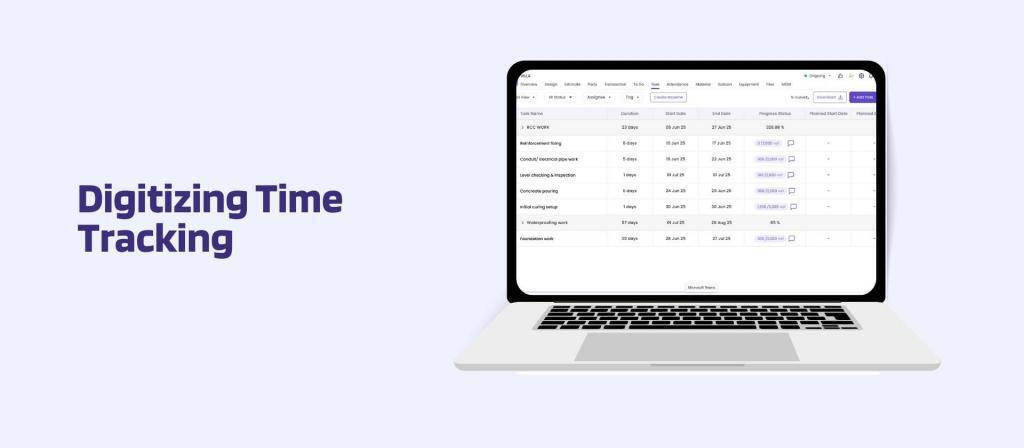 This image has a screen of Onsite construction management software. This image has the following meta text: Digitizing Time Tracking