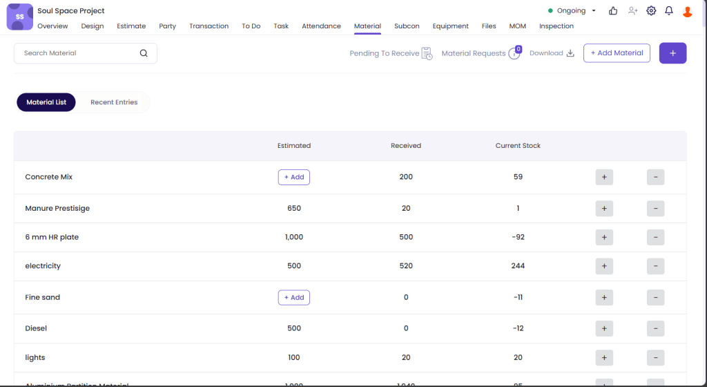 This image has a screen of material section in Onsite construction management software.