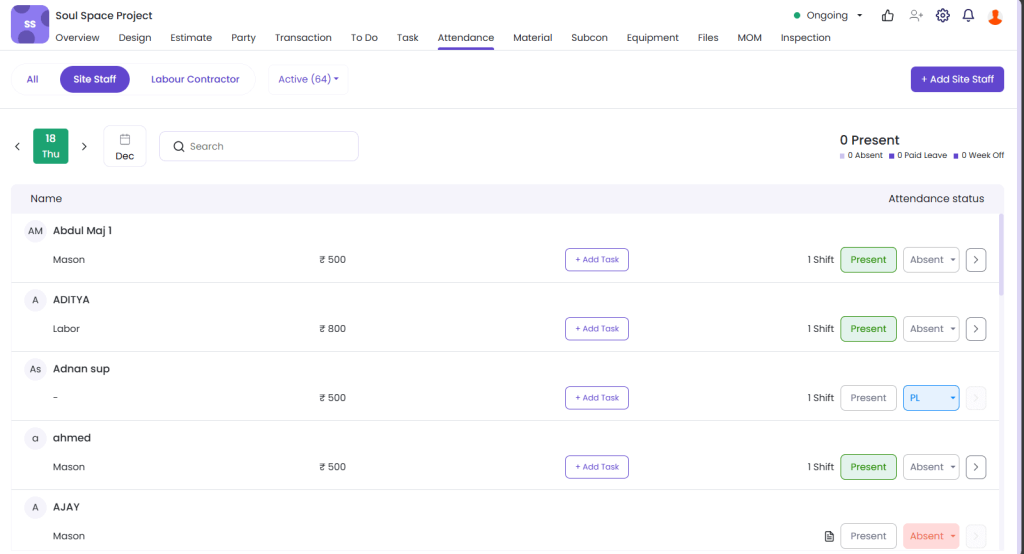 This image has a screen of attendance section in Onsite construction management software.