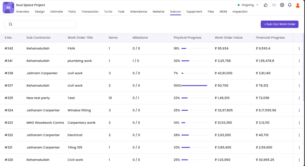This image has a screen of subcontractor section in Onsite construction management software.