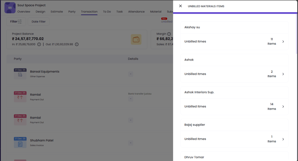 This image has a screen of unbilled material section in Onsite construction management software.
